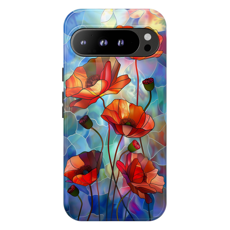 Stained glass poppy flower Google Pixel phone case – artistic floral mosaic design, protective cover for Pixel 9, Pixel 10, Pixel 8 – colorful girly flower phone cover for women.