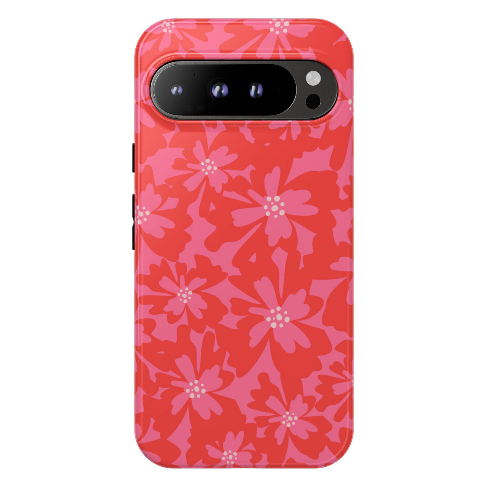 Google Pixel phone case with bold red and pink layered floral pattern in a retro girly aesthetic

