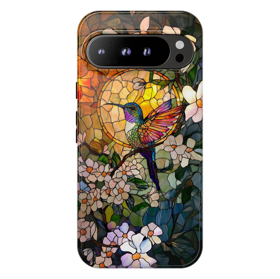 Stained glass hummingbird floral Google Pixel phone case – artistic mosaic design with flowers and sun, protective cover for Pixel 9, Pixel 10, Pixel 8 – elegant girly phone cover for women.