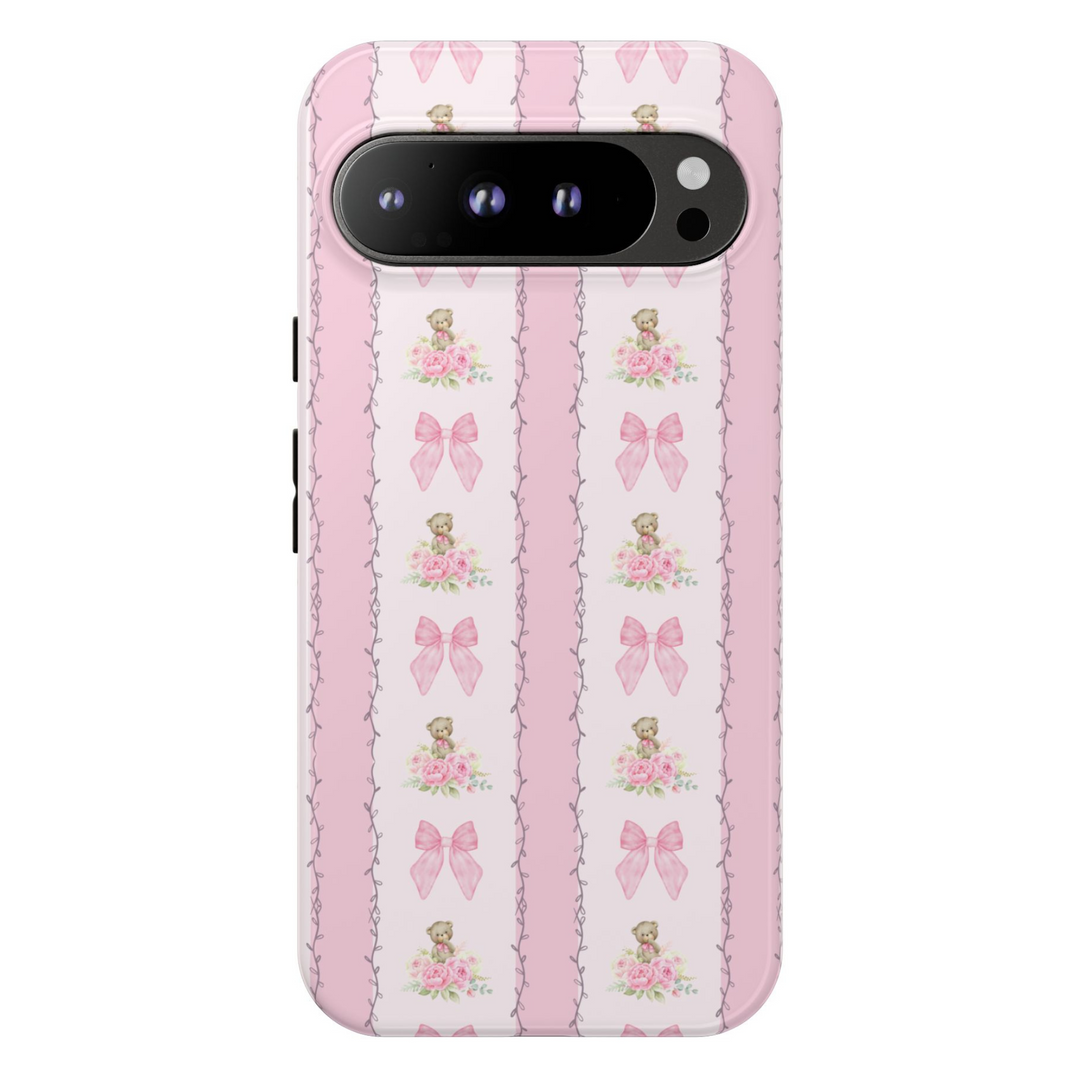 Google Pixel phone case with vertical pink stripes featuring teddy bears, pink bows, and floral bouquets in a vintage girly pattern


