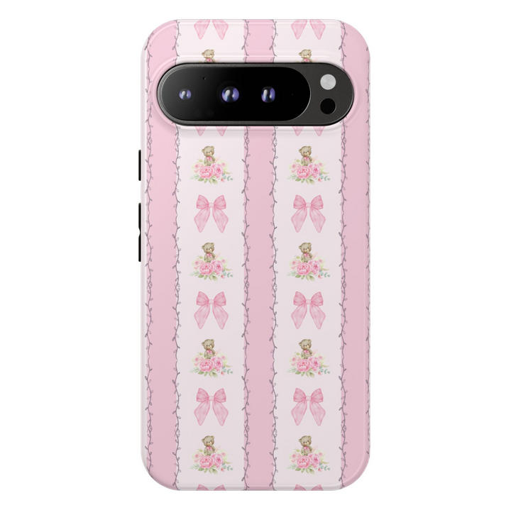 Google Pixel phone case with vertical pink stripes featuring teddy bears, pink bows, and floral bouquets in a vintage girly pattern

