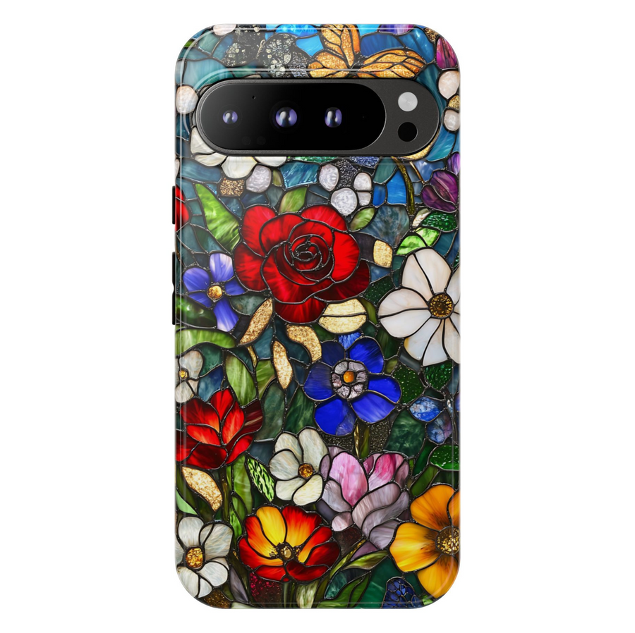 Stained glass floral Google Pixel phone case – artistic flower design with roses and blossoms, protective cover for Pixel 9, Pixel 10, Pixel 8 – elegant girly phone cover for women.