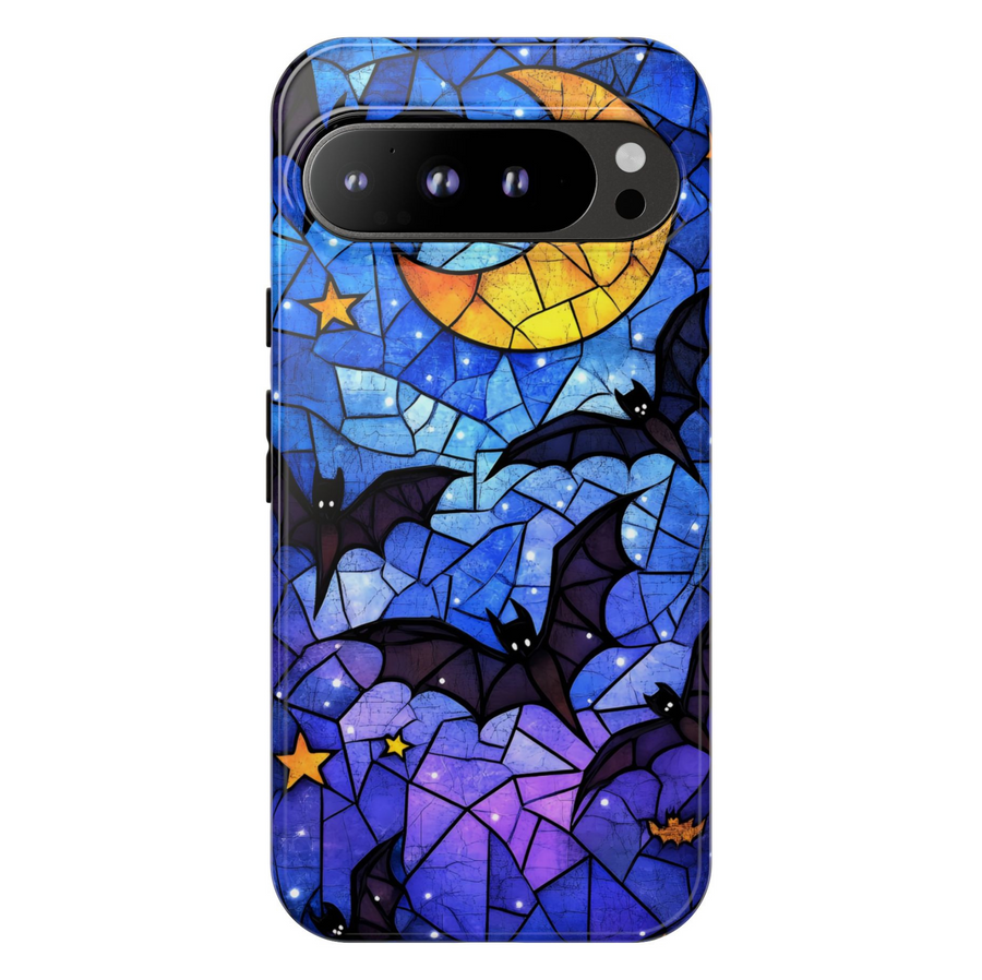 Stained glass bat and moon Google Pixel phone case – spooky celestial design with stars, protective cover for Pixel 9, Pixel 10, Pixel 8 – Halloween night sky phone cover for women.