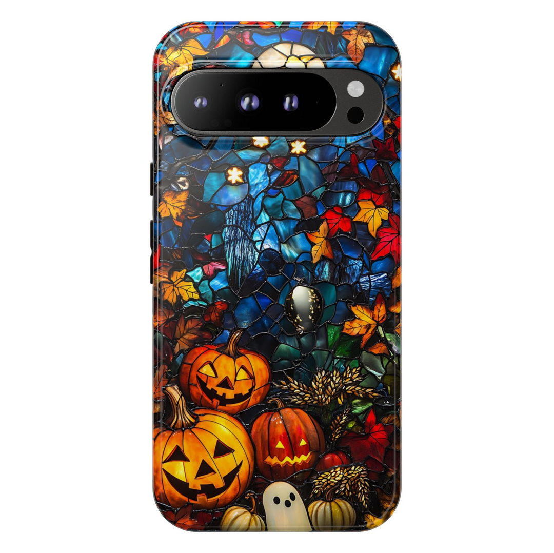 Stained glass Halloween pumpkin Google Pixel phone case – spooky autumn design with jack-o’-lanterns and ghost, protective cover for Pixel 9, Pixel 10, Pixel 8 – festive fall phone cover for women.