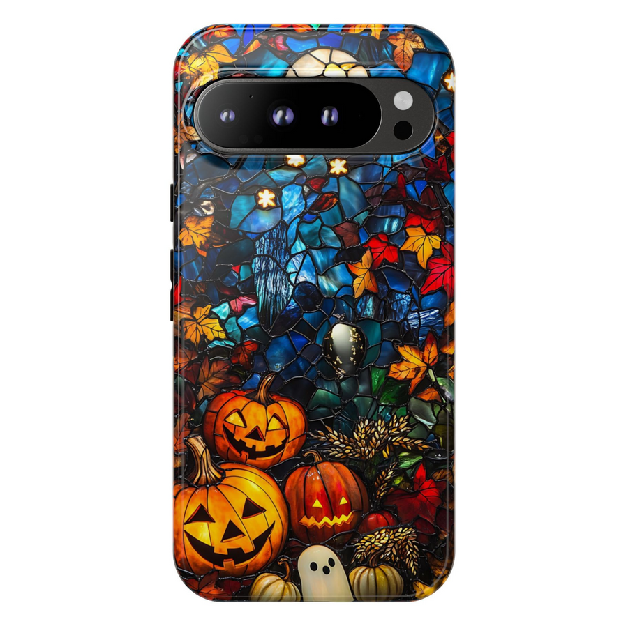 Stained glass Halloween pumpkin Google Pixel phone case – spooky autumn design with jack-o’-lanterns and ghost, protective cover for Pixel 9, Pixel 10, Pixel 8 – festive fall phone cover for women.