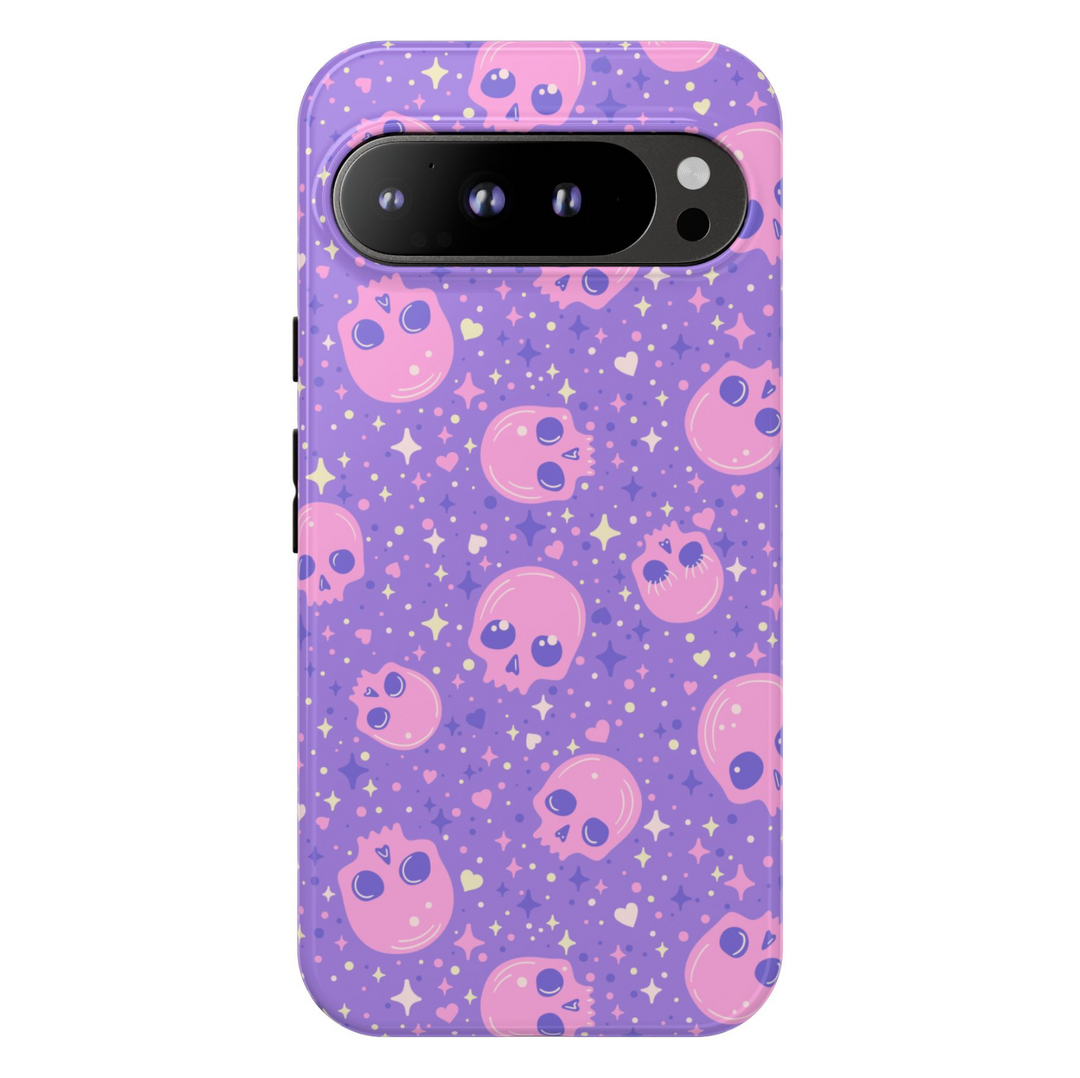 Pastel skull Google Pixel phone case – cute girly design with sparkles, protective cover for Pixel 9, Pixel 10, Pixel 8 – trendy purple aesthetic phone cover for women.
