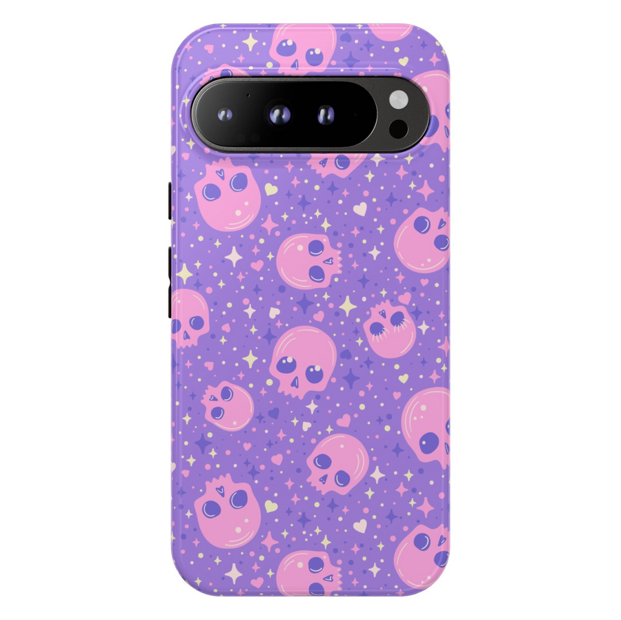 Pastel skull Google Pixel phone case – cute girly design with sparkles, protective cover for Pixel 9, Pixel 10, Pixel 8 – trendy purple aesthetic phone cover for women.
