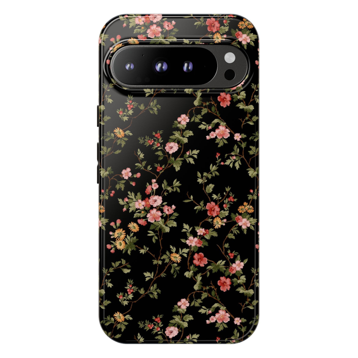 Vintage floral Google Pixel 10 Pro case with delicate pink flowers botanical vines and leaves on black background protective tough case compatible with Pixel 10 Pro Pixel 9 Pro and Pixel 8 Pro elegant botanical phone cover.