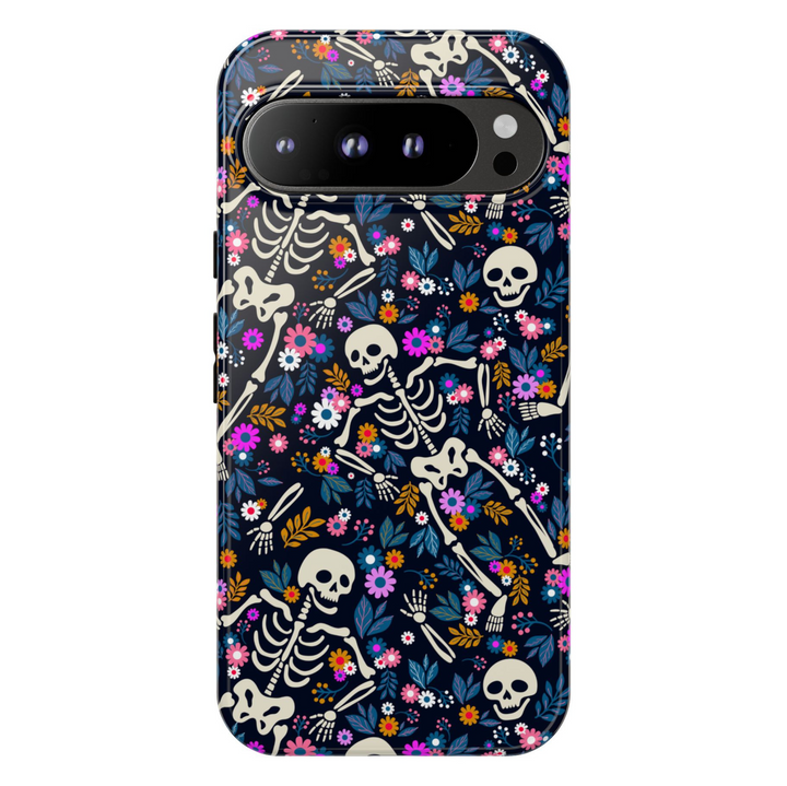 Skeleton floral Google Pixel phone case – cute spooky girly design with flowers, protective cover for Pixel 9, Pixel 10, Pixel 8 – trendy skeleton phone cover for women
