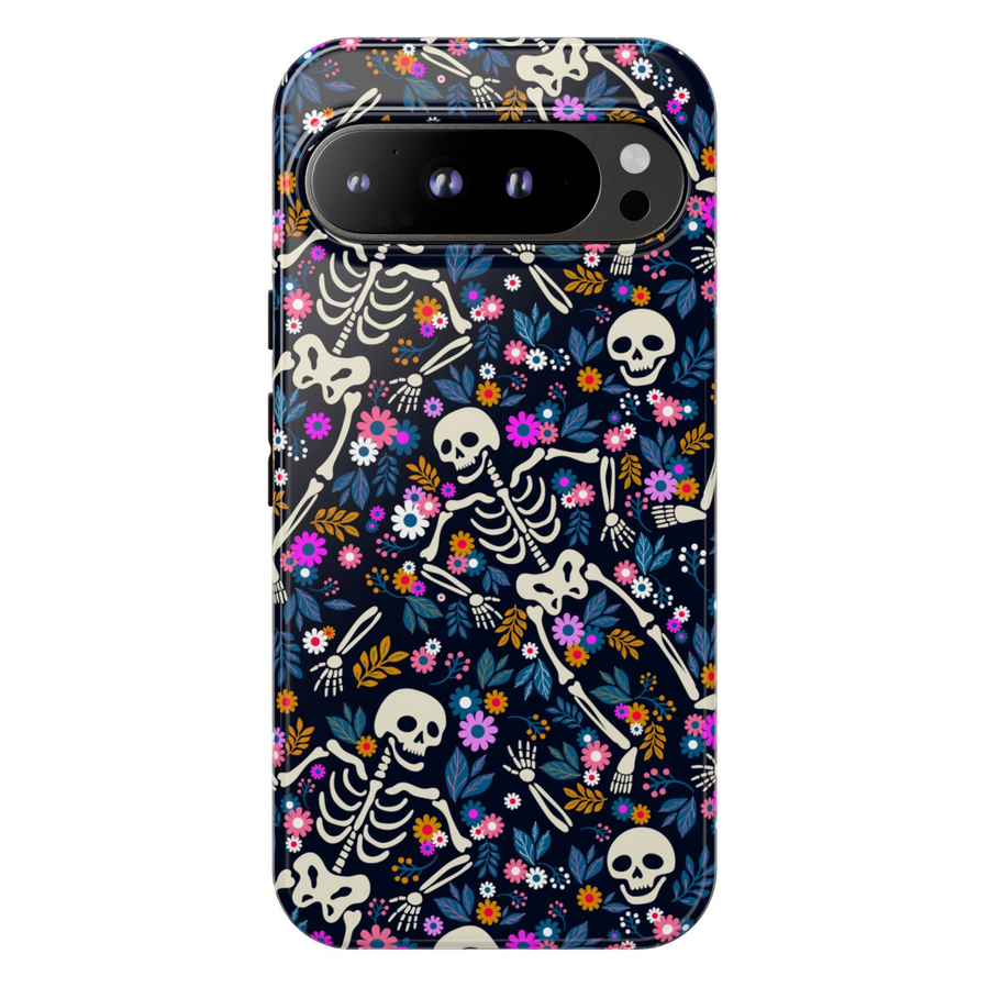 Skeleton floral Google Pixel phone case – cute spooky girly design with flowers, protective cover for Pixel 9, Pixel 10, Pixel 8 – trendy skeleton phone cover for women