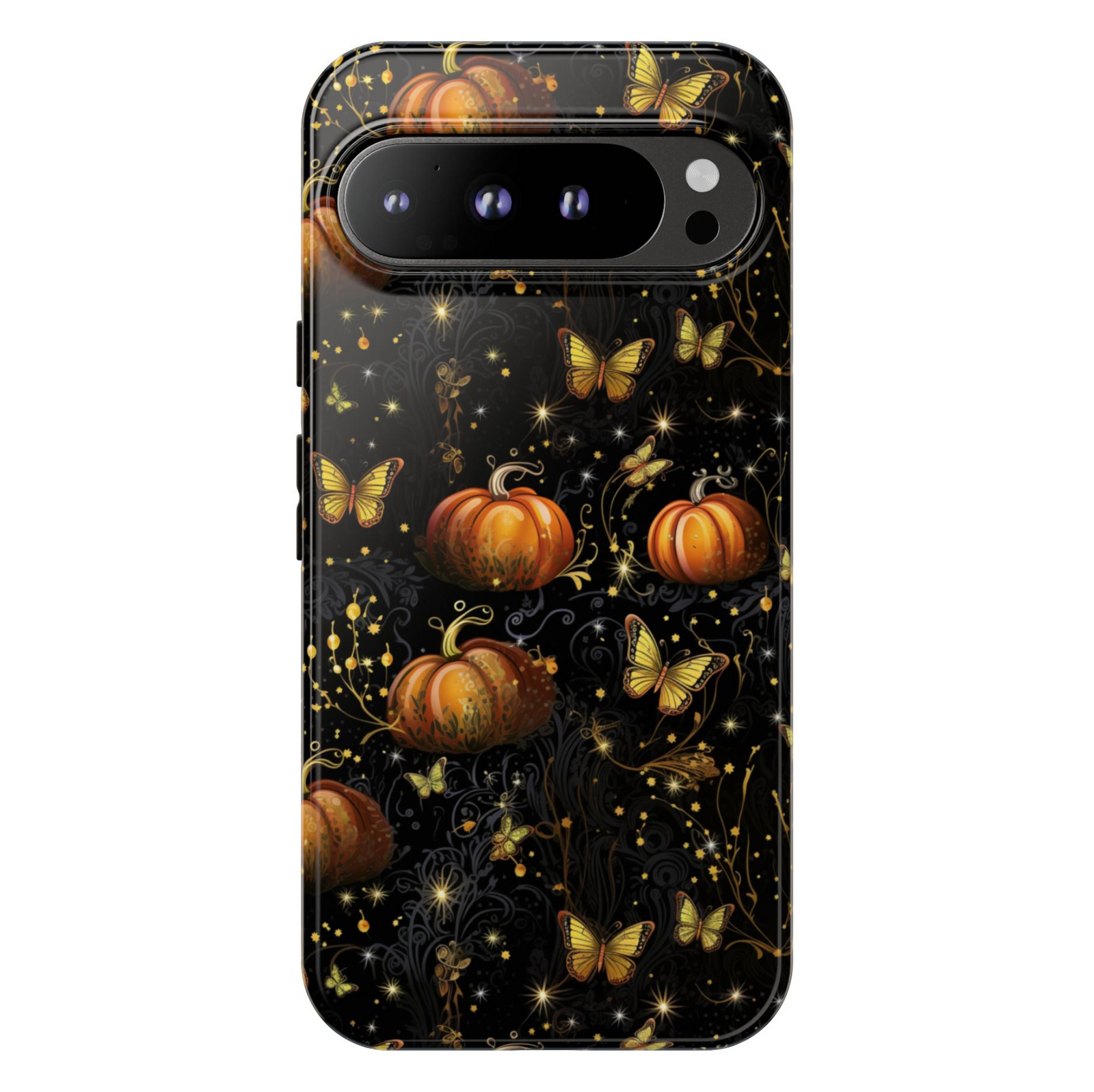 Pumpkin butterfly Google Pixel phone case – dreamy autumn aesthetic design, protective cover for Pixel 9, Pixel 10, Pixel 8 – girly fall phone cover with glowing pumpkins and butterflies.