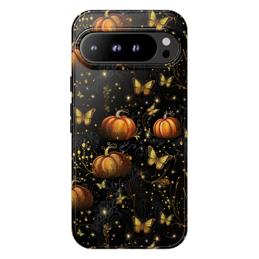 Pumpkin butterfly Google Pixel phone case – dreamy autumn aesthetic design, protective cover for Pixel 9, Pixel 10, Pixel 8 – girly fall phone cover with glowing pumpkins and butterflies.