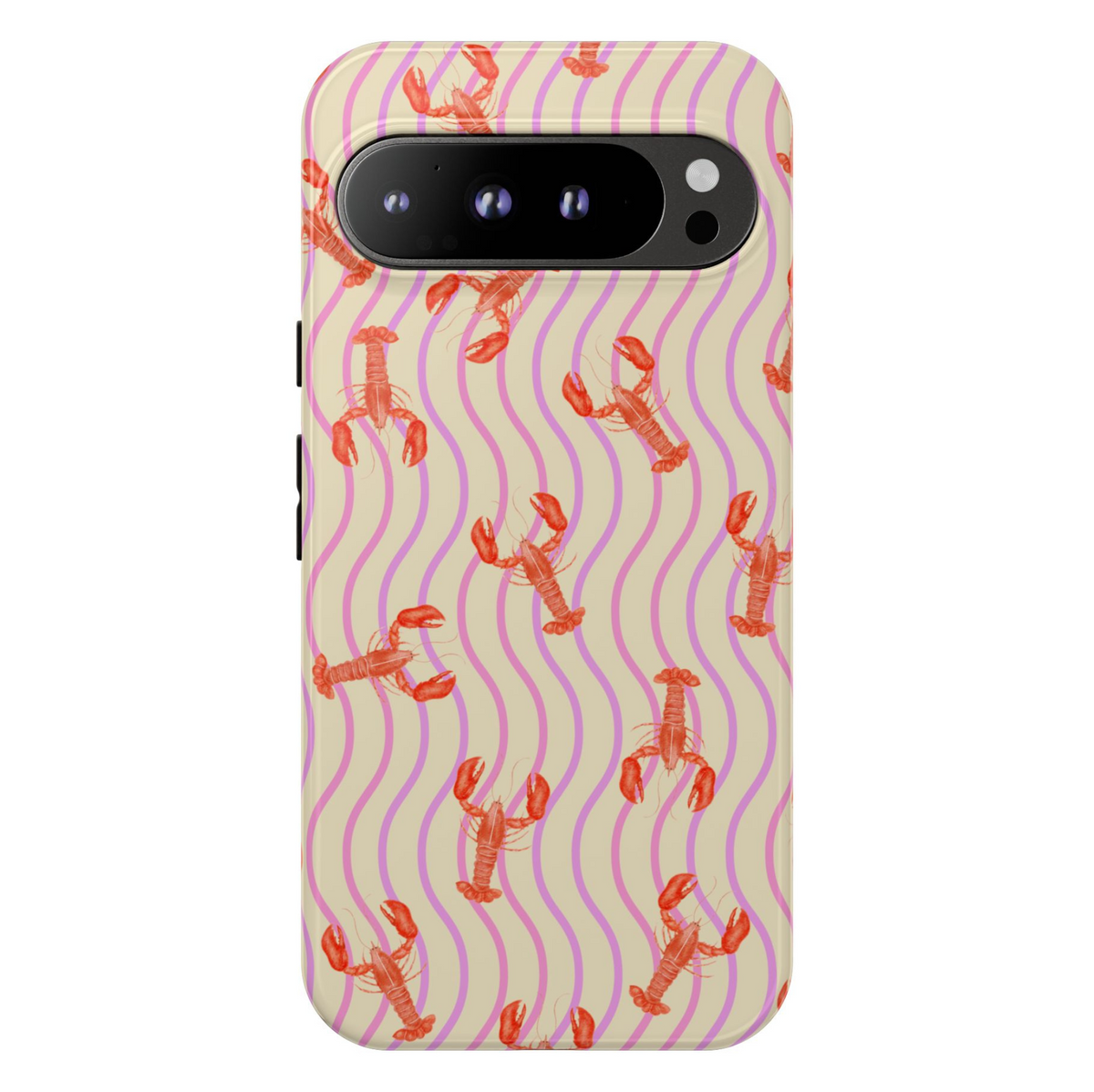 Google Pixel case with red lobster pattern and wavy pink lines on a beige background

