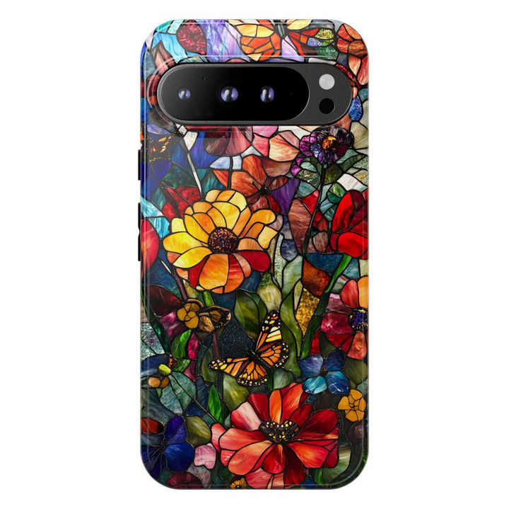 Stained glass wildflower Google Pixel phone case – artistic floral mosaic design, protective cover for Pixel 9, Pixel 10, Pixel 8 – colorful nature phone cover for women.