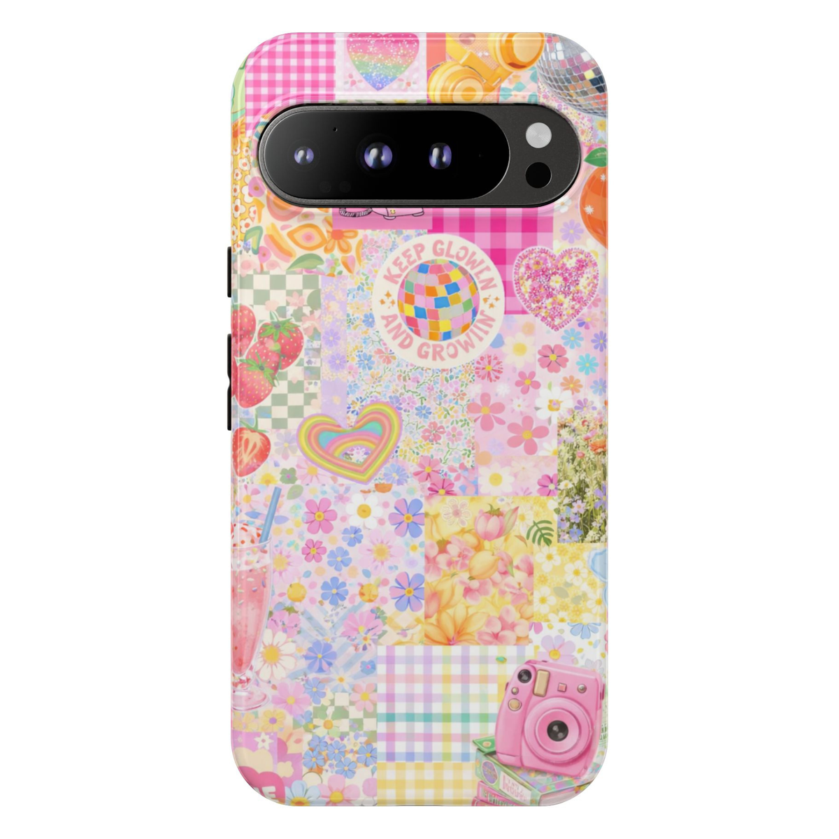 Pastel aesthetic Google Pixel 10 Pro case with rainbow hearts strawberries flowers retro camera and patchwork collage design protective tough case compatible with Pixel 10 Pro Pixel 9 Pro and Pixel 8 Pro cute Y2K phone cover.