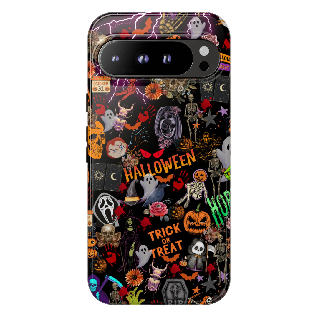 Halloween collage Google Pixel phone case – spooky scary design with pumpkins, ghosts, bats, and skeletons, protective cover for Pixel 9, Pixel 10, Pixel 8 – bold October phone cover for women.