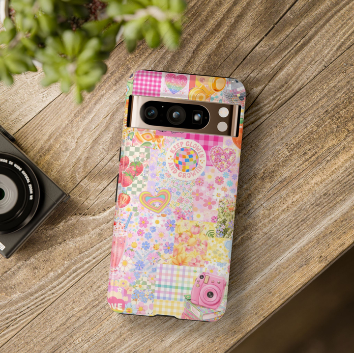Pastel aesthetic Google Pixel 10 Pro case with rainbow hearts strawberries flowers retro camera and patchwork collage design protective tough case compatible with Pixel 10 Pro Pixel 9 Pro and Pixel 8 Pro cute Y2K phone cover.