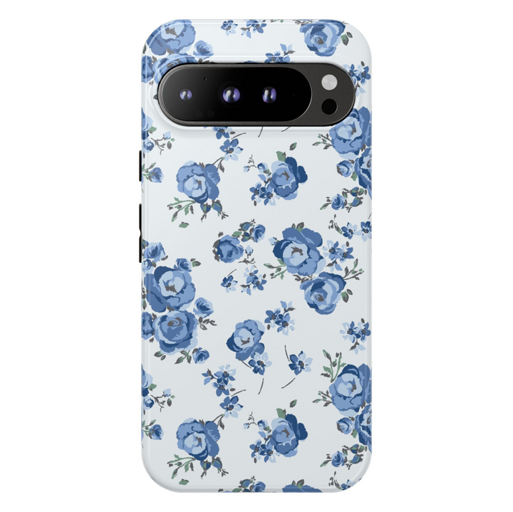 Vintage blue rose floral phone case for Google Pixel with delicate flower pattern on white background