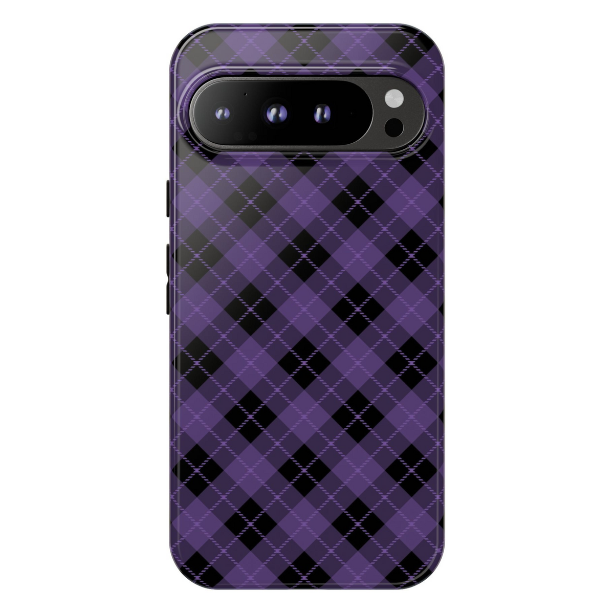 Purple plaid checkered Google Pixel phone case – trendy violet black design, protective cover for Pixel 9, Pixel 10, Pixel 8 – chic plaid phone cover for women.