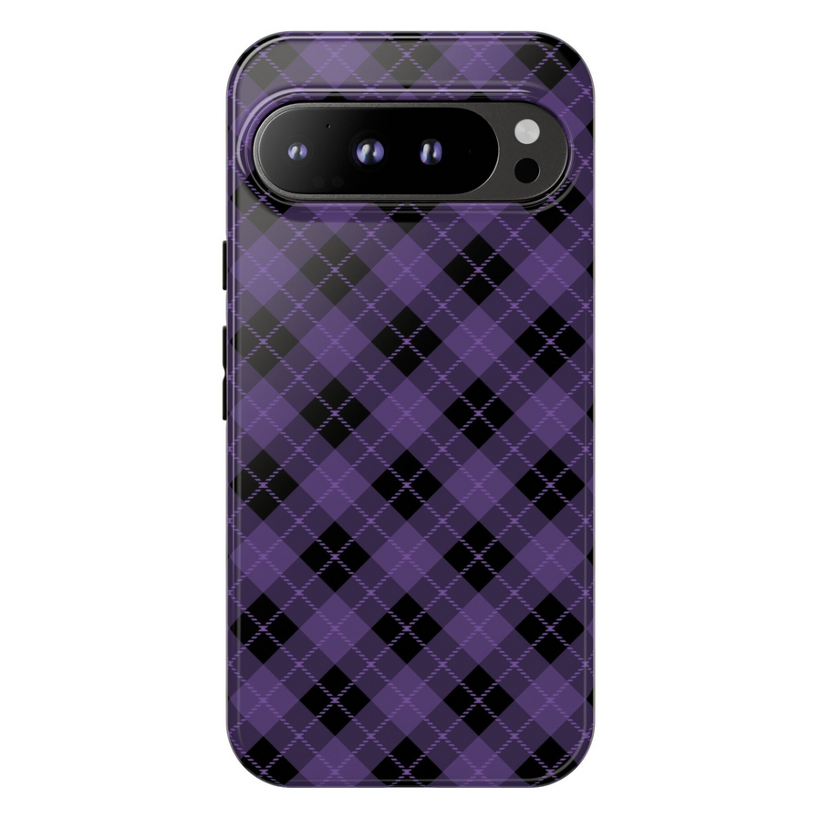 Purple plaid checkered Google Pixel phone case – trendy violet black design, protective cover for Pixel 9, Pixel 10, Pixel 8 – chic plaid phone cover for women.