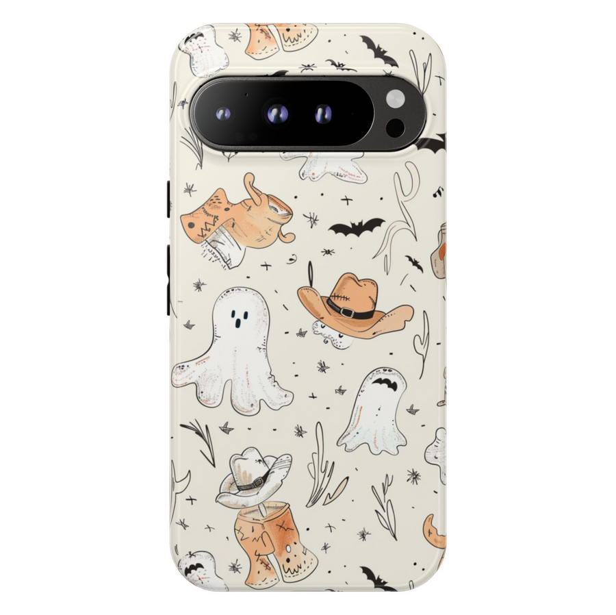 Western ghost cowboy Google Pixel phone case – cute Halloween design with hats and boots, protective cover for Pixel 9, Pixel 10, Pixel 8 – girly spooky fall phone cover for women.