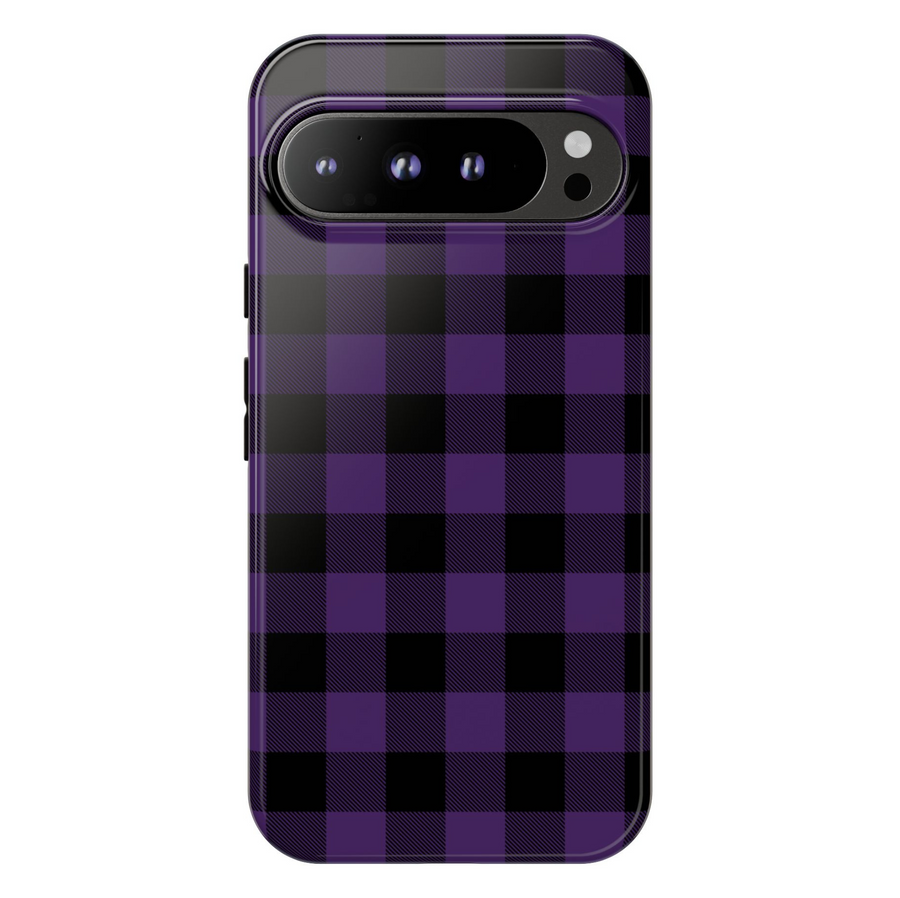 Purple plaid checkered Google Pixel phone case – trendy violet black design, protective cover for Pixel 9, Pixel 10, Pixel 8 – chic plaid phone cover for women.