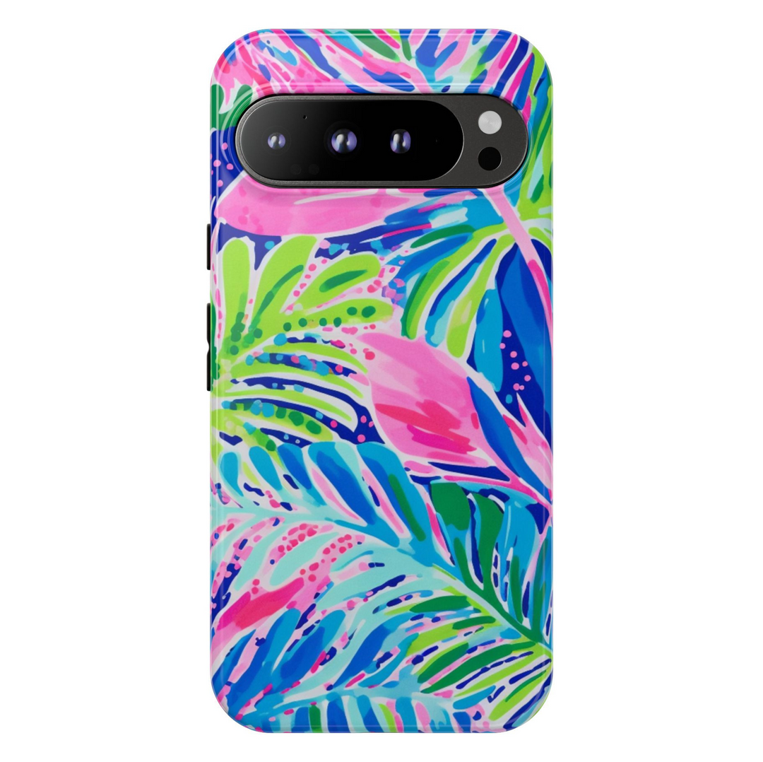 Colorful tropical palm leaf Pixel case in pink, blue, and green – vibrant summer pattern

