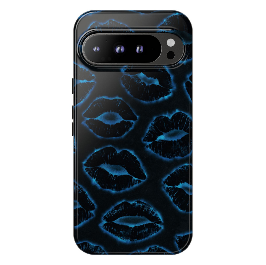 Black neon lips Google Pixel phone case – bold girly edgy design, protective cover for Pixel 9, Pixel 10, Pixel 8 – trendy glowing lip print phone cover for women.
