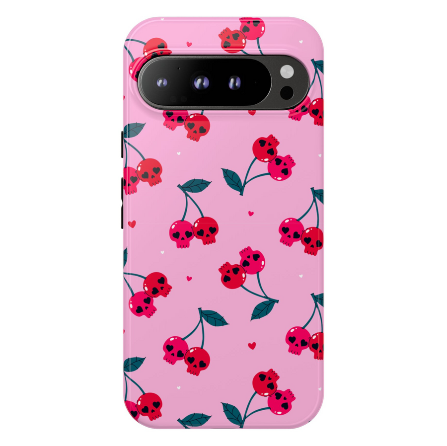 Pink cherry skull Google Pixel phone case – edgy cute girly design, protective cover for Pixel 9, Pixel 10, Pixel 8 – trendy skull cherry phone cover for women.