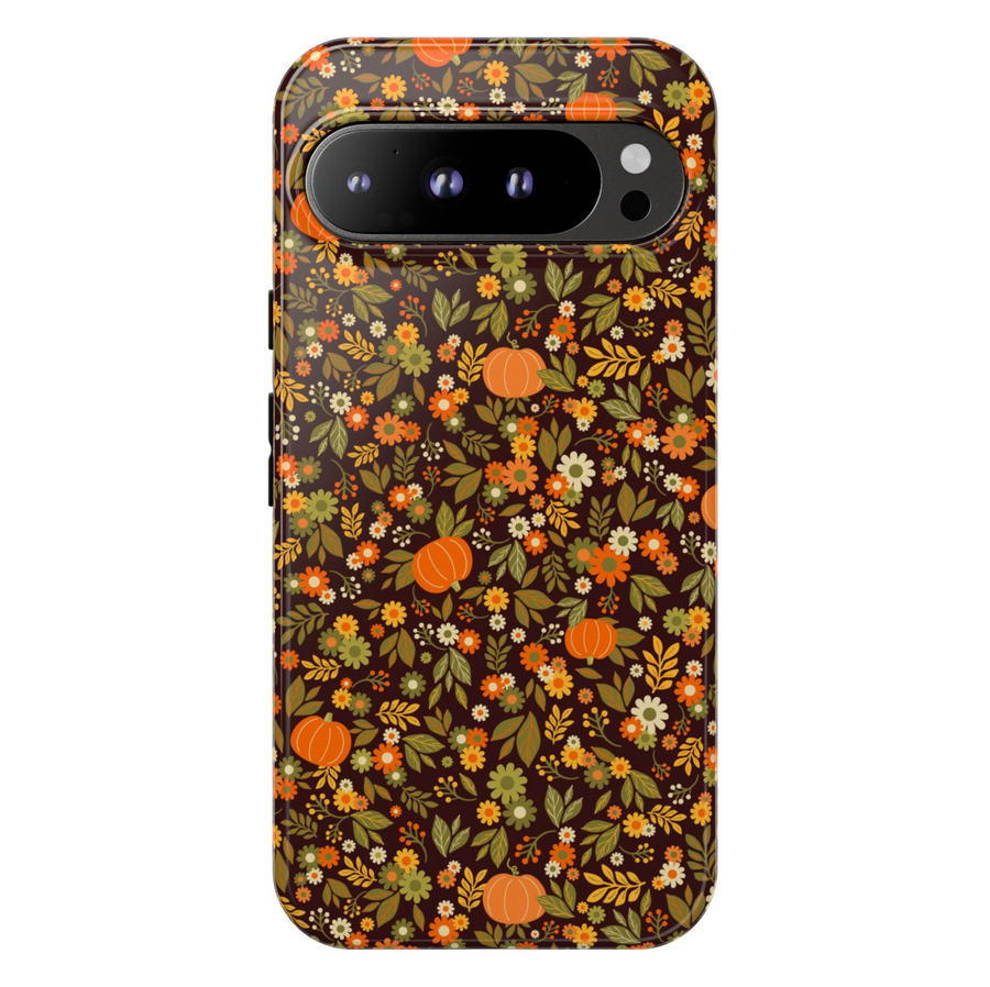 Fall pumpkin floral Google Pixel phone case – autumn aesthetic design, protective cover for Pixel 9, Pixel 10, Pixel 8 – girly cozy fall phone cover with pumpkins and flowers.