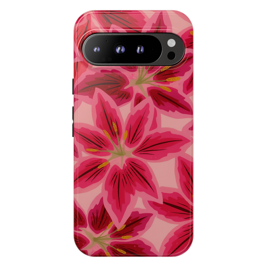 Google Pixel case with oversized pink and red lily flower pattern on a soft pink background

