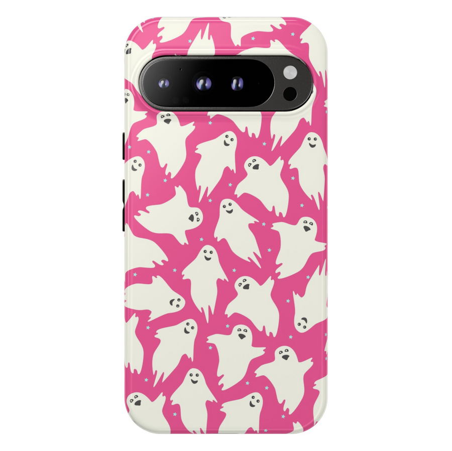 Pink ghost pattern Google Pixel phone case – cute Halloween design, tough protective cover for Pixel 9, Pixel 10, Pixel 8 – girly spooky aesthetic phone cover for women.
