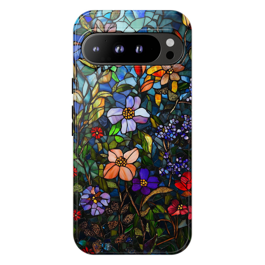 Stained glass wildflower Google Pixel phone case – artistic floral mosaic design, protective cover for Pixel 9, Pixel 10, Pixel 8 – colorful nature phone cover for women.