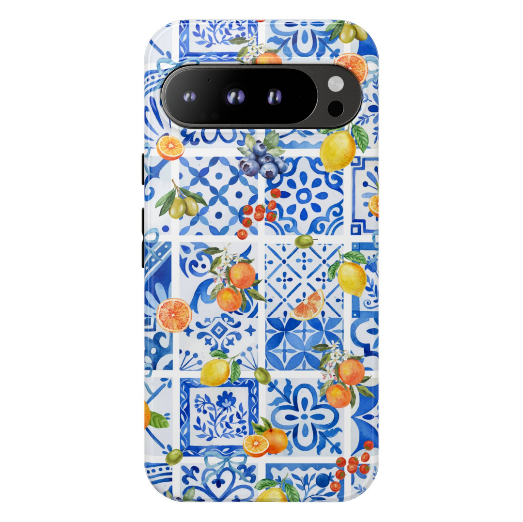 Google Pixel case with blue Mediterranean tile pattern and citrus fruits including lemons and oranges