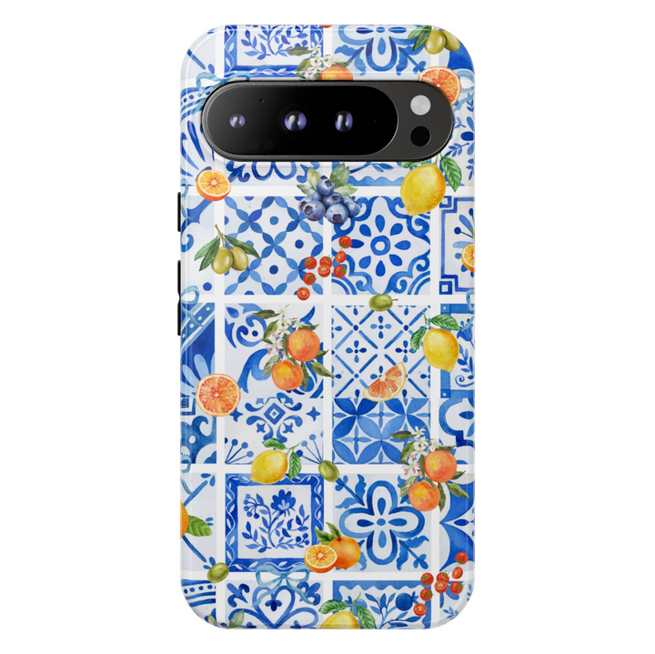 Google Pixel case with blue Mediterranean tile pattern and citrus fruits including lemons and oranges
