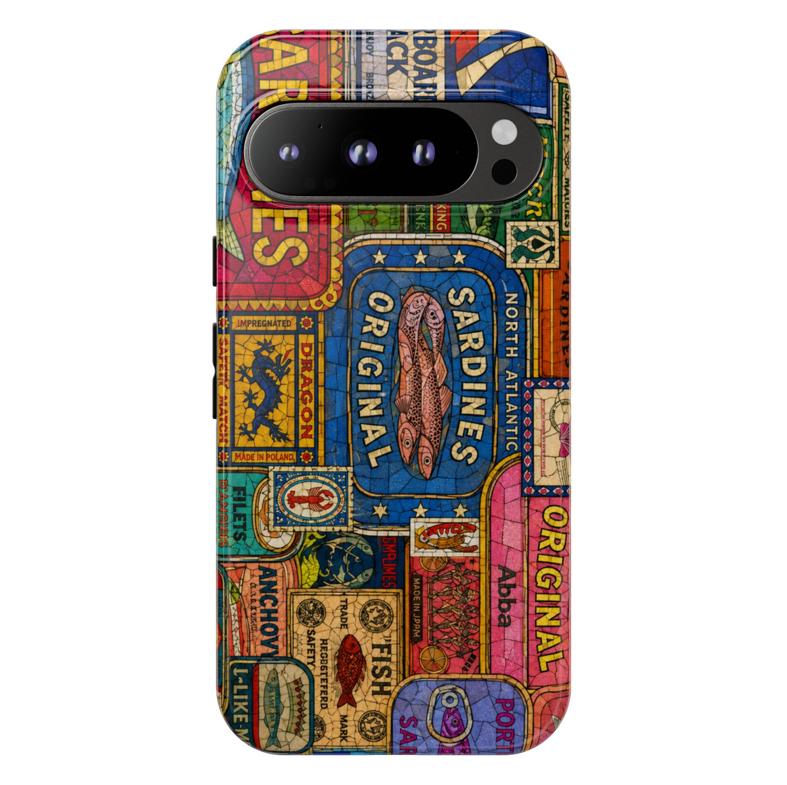Protective Google Pixel 10 Pro phone case featuring a colorful collage of vintage sardine tins, retro seafood labels, fish market packaging, and classic European-inspired artwork with dual-layer protection.