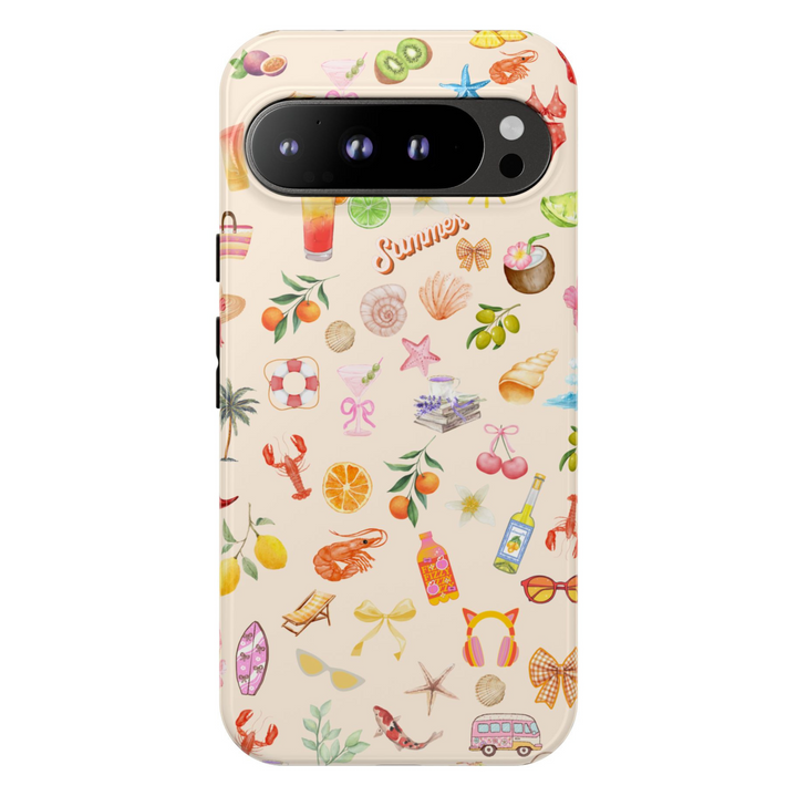Summer-themed Google Pixel case with tropical icons, fruits, drinks, shells, and cherries on cream background