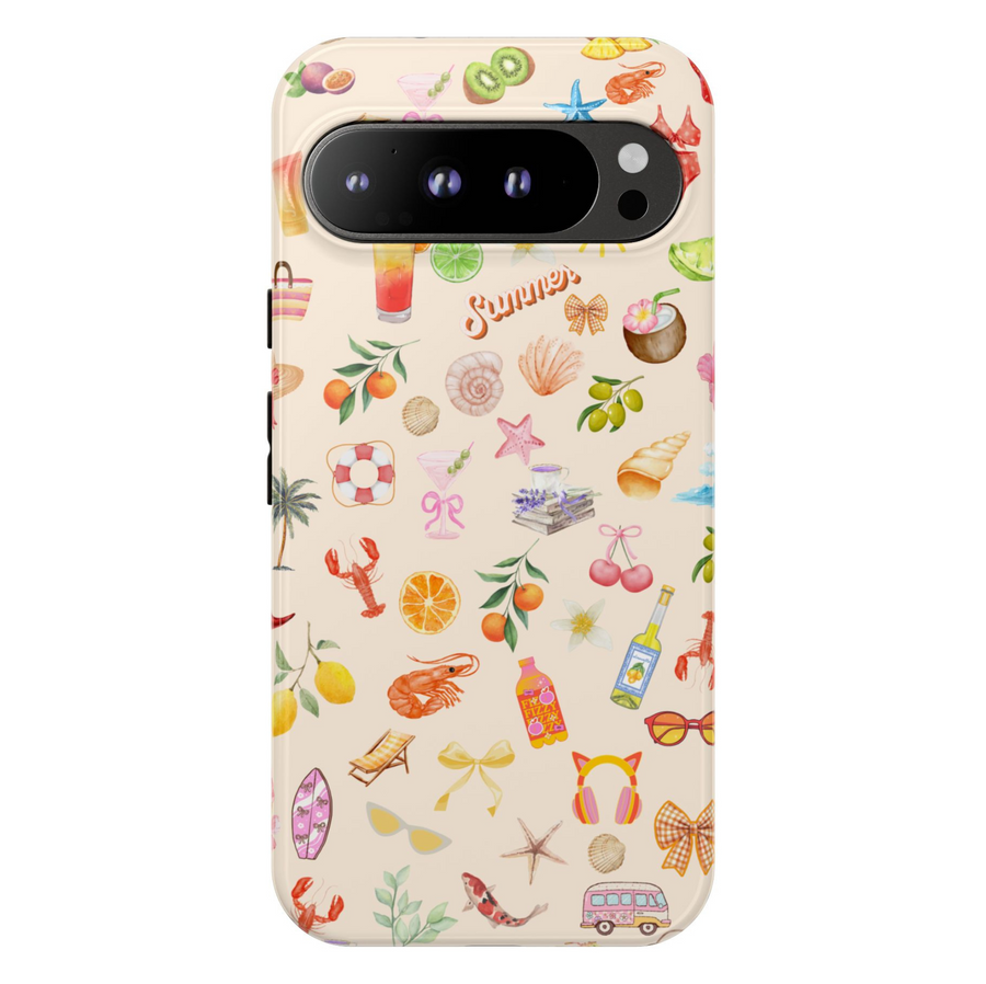 Summer-themed Google Pixel case with tropical icons, fruits, drinks, shells, and cherries on cream background