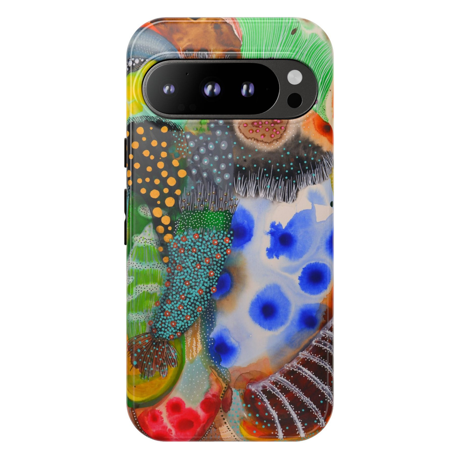 Google Pixel 10 protective phone case featuring a colorful abstract botanical artwork with blue watercolor flowers, dotted textures, organic shapes, and modern mixed-media design.