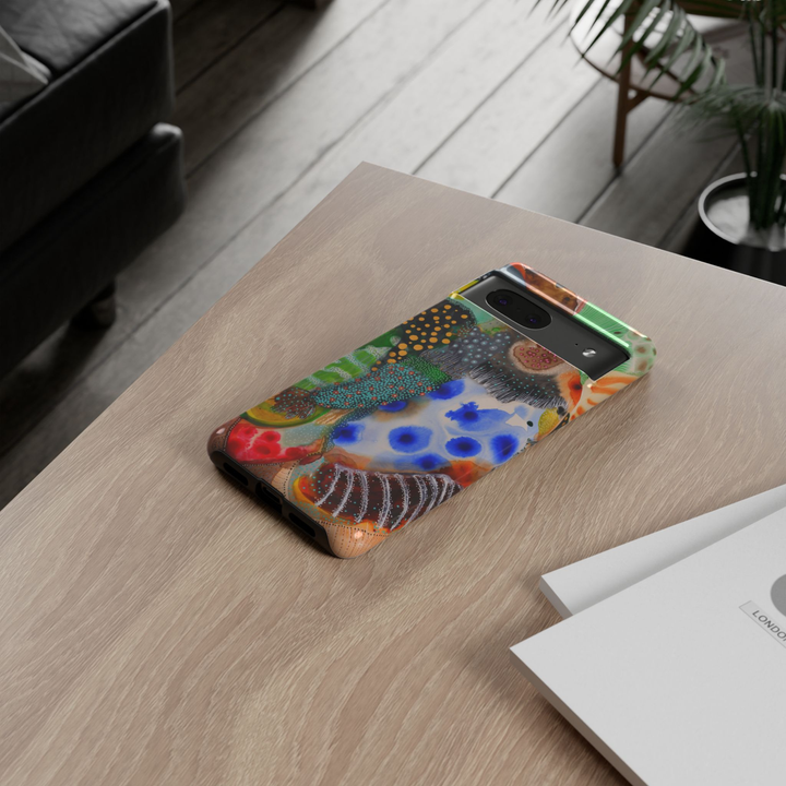 Google Pixel 10 protective phone case featuring a colorful abstract botanical artwork with blue watercolor flowers, dotted textures, organic shapes, and modern mixed-media design.