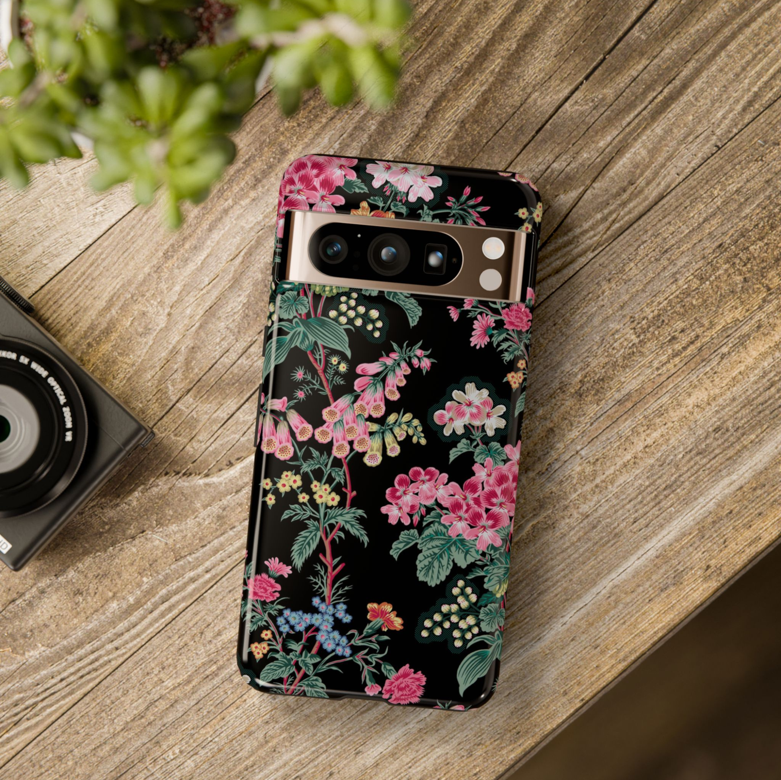 Black floral Google Pixel 10 Pro case with vintage botanical flowers pink blossoms and green leaves protective tough case compatible with Pixel 10 Pro Pixel 9 Pro and Pixel 8 Pro elegant floral phone cover.