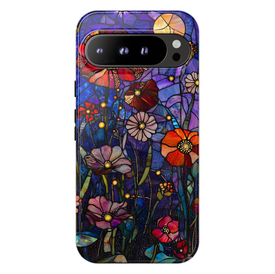 Stained glass night garden floral Google Pixel phone case – artistic moonlit flower mosaic design, protective cover for Pixel 9, Pixel 10, Pixel 8 – dreamy celestial phone cover for women.