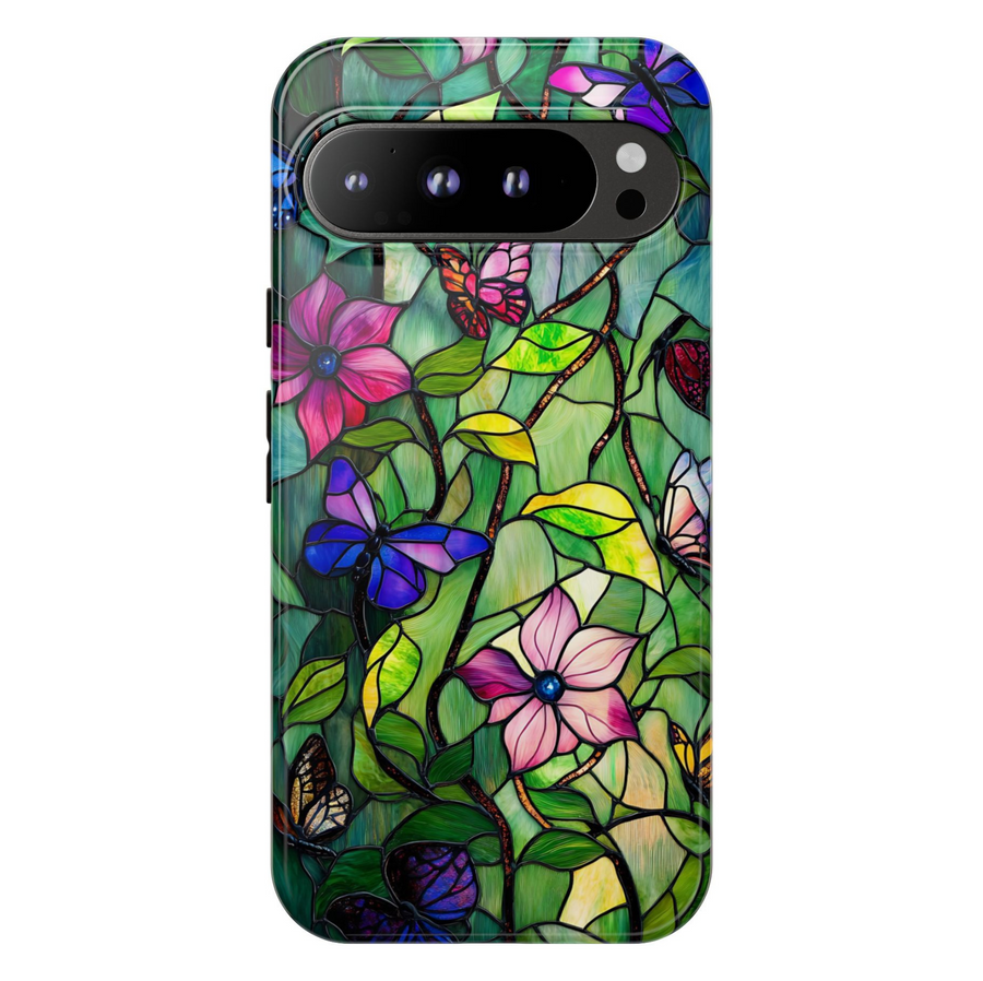 Stained glass butterfly floral Google Pixel phone case – artistic nature mosaic design, protective cover for Pixel 9, Pixel 10, Pixel 8 – colorful butterfly and flower phone cover for women.