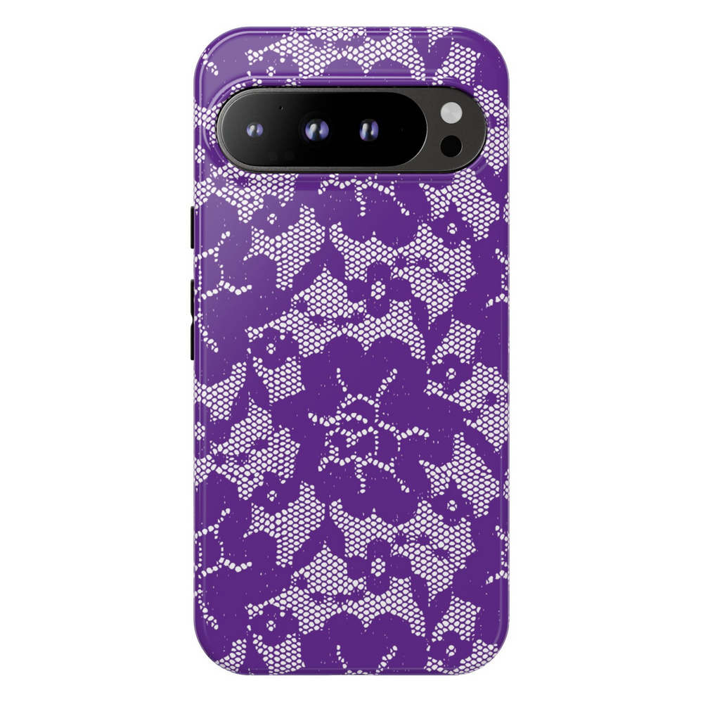 Google Pixel case in purple with white lace floral pattern – bold and feminine design