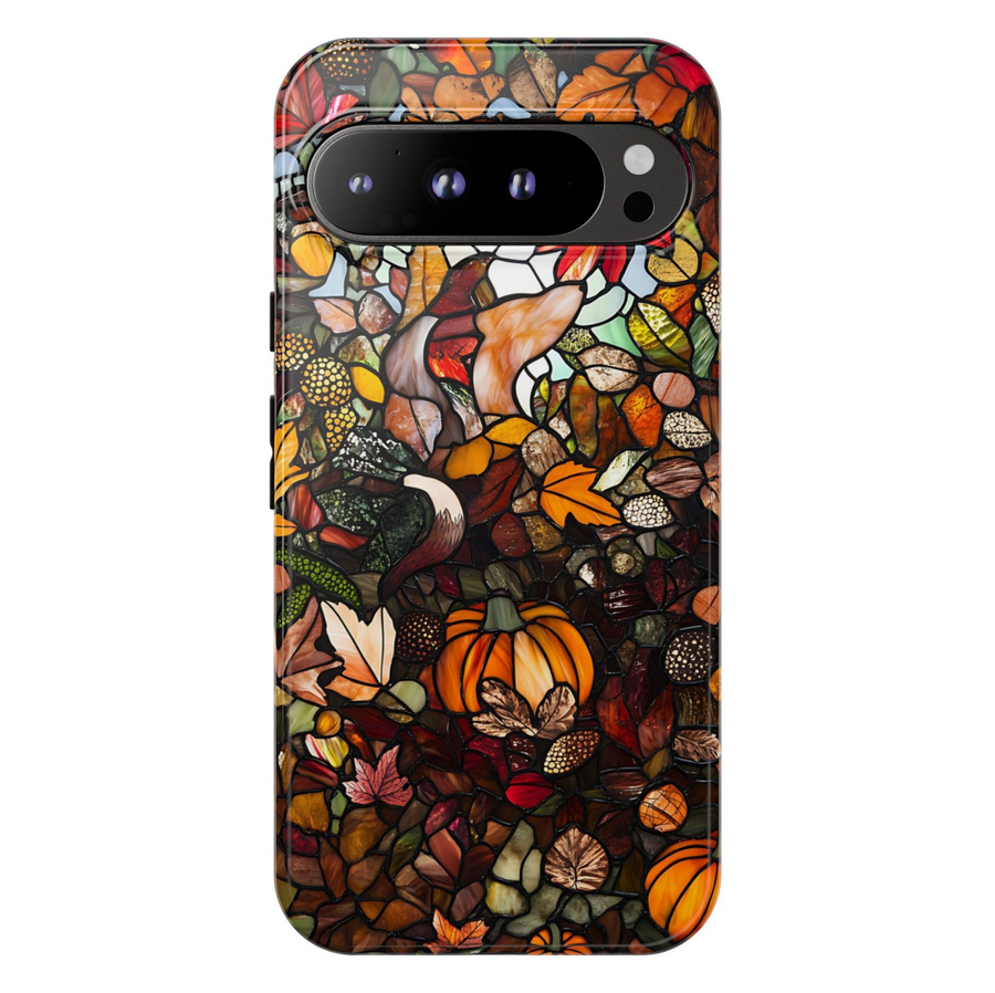Stained glass autumn fox and pumpkin Google Pixel phone case – cozy fall mosaic design with leaves and acorns, protective cover for Pixel 9, Pixel 10, Pixel 8 – artistic autumn phone cover for women.
