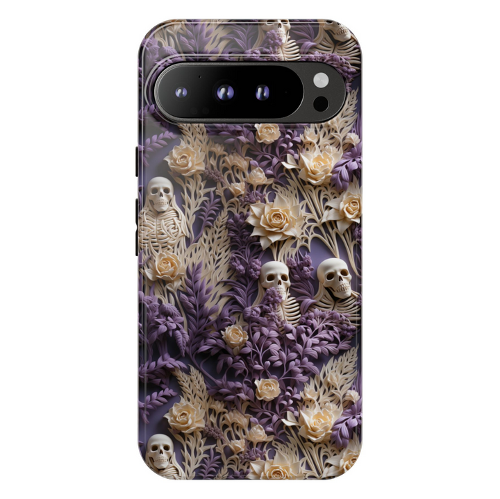 Google Pixel 9 Pro case with skeletons and ivory roses surrounded by purple floral details on a gothic background