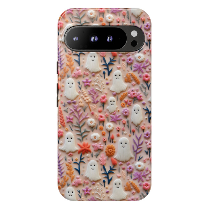 Cute Ghost and Pastel Flower Google Pixel 9 Pro Case with Pink and Orange Floral Pattern

