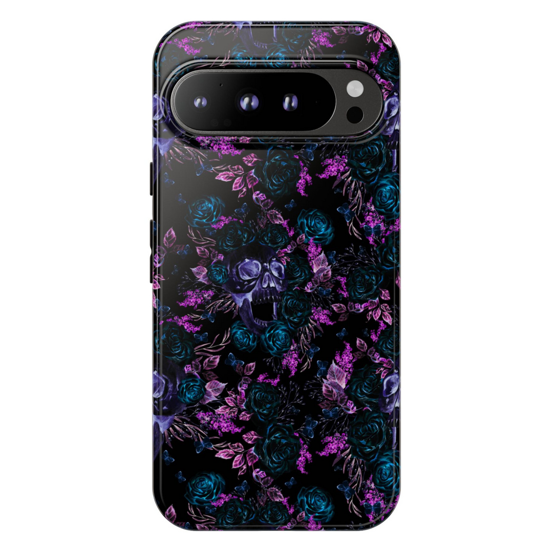 Dark Floral Skull Pattern Phone Case for Google Pixel 9 Pro with Teal Roses and Purple Leaves

