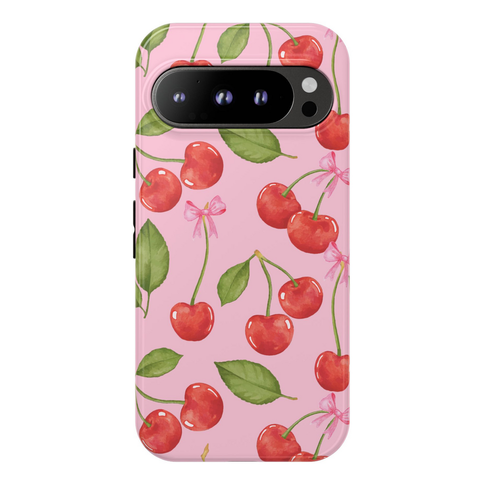 Pink Google Pixel case with red cherry and green leaf watercolor pattern and delicate pink bows – coquette aesthetic tough cover for Pixel 8, Pixel 8 Pro, and Pixel 9 Pro XL