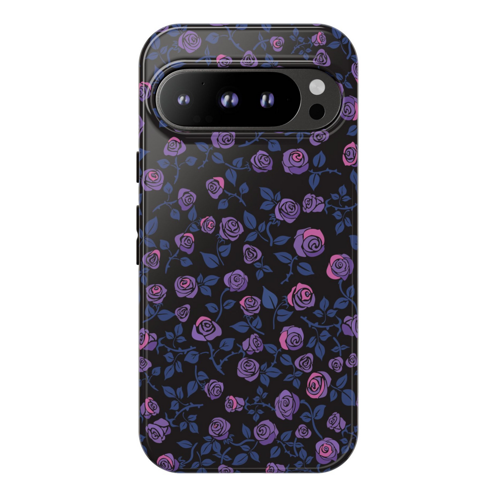 Tough Google Pixel phone case with dark background and purple-pink rose floral design – compatible with Pixel 8, Pixel 8 Pro, and Pixel 9 Pro XL